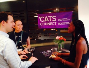 Aisha  '18 talks w/ alumna Amy Millstone and her husband Tommy at the Los Angeles 'Cats Connect on July 28. Photo Credit: Northwestern Alumni Association